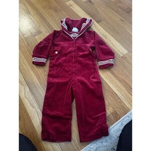 Vintage Little Bitty Girls Red Cotton Romper Jumpsuit Gold Buttons 2T